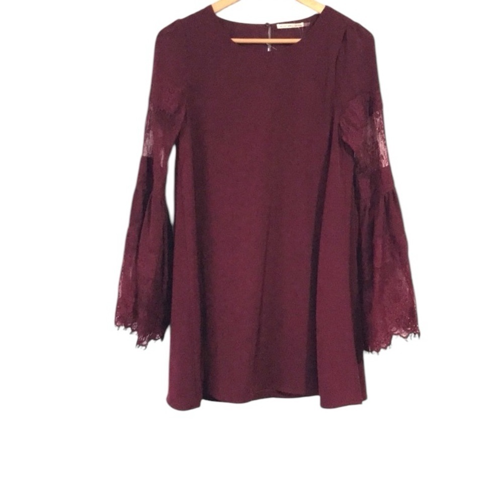 NWT Mustard Seed burgundy lace bell sleeve mini shift dress size Small